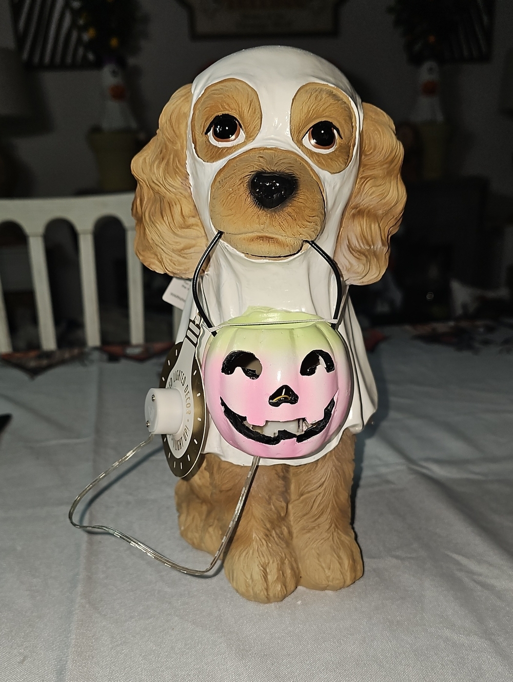 New! Halloween Dog in Ghost Costume w/ LED Pastel Light Up Jack O' Lantern